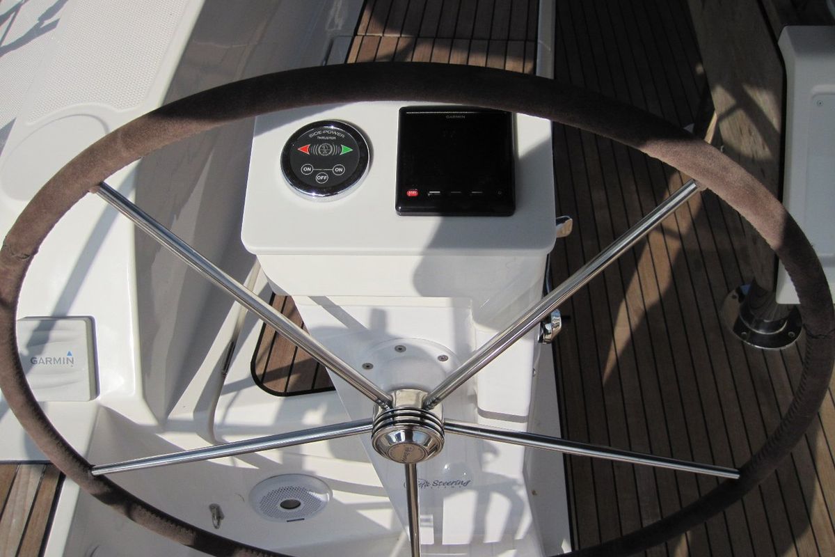 Cockpit of Vittoria, a Bavaria Cruiser 41 sailboat at Capo d'Orlando, Italy