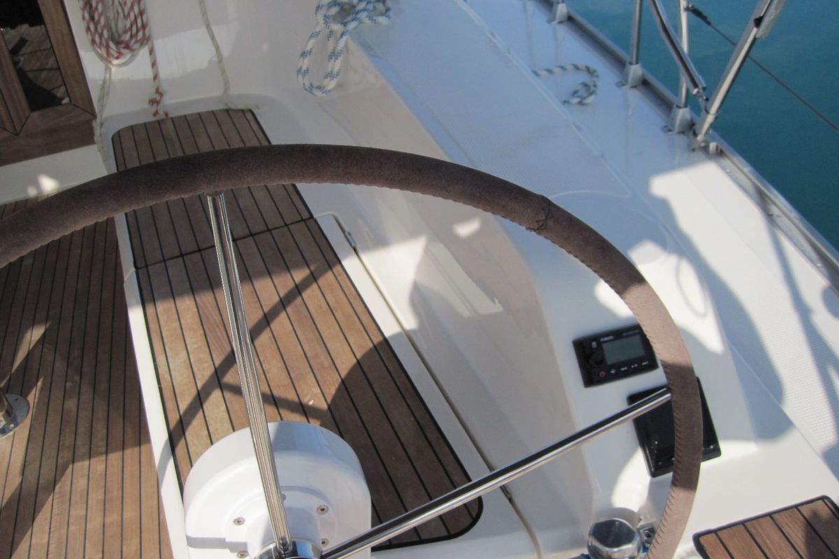 Cockpit of Vittoria, a Bavaria Cruiser 41 sailboat at Capo d'Orlando, Italy