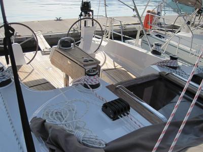 Deck of Vittoria, a Bavaria Cruiser 41 sailboat at Capo d'Orlando, Italy