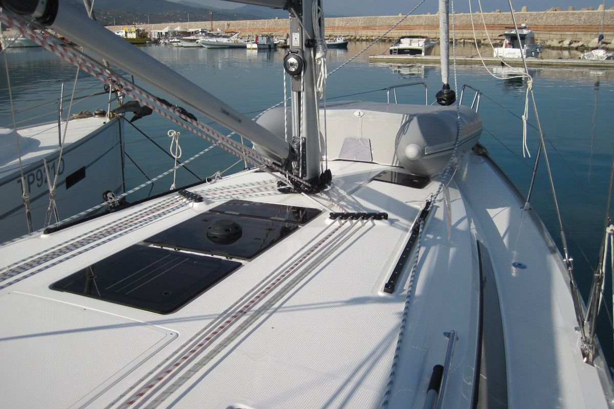 Deck of Vittoria, a Bavaria Cruiser 41 sailboat at Capo d'Orlando, Italy