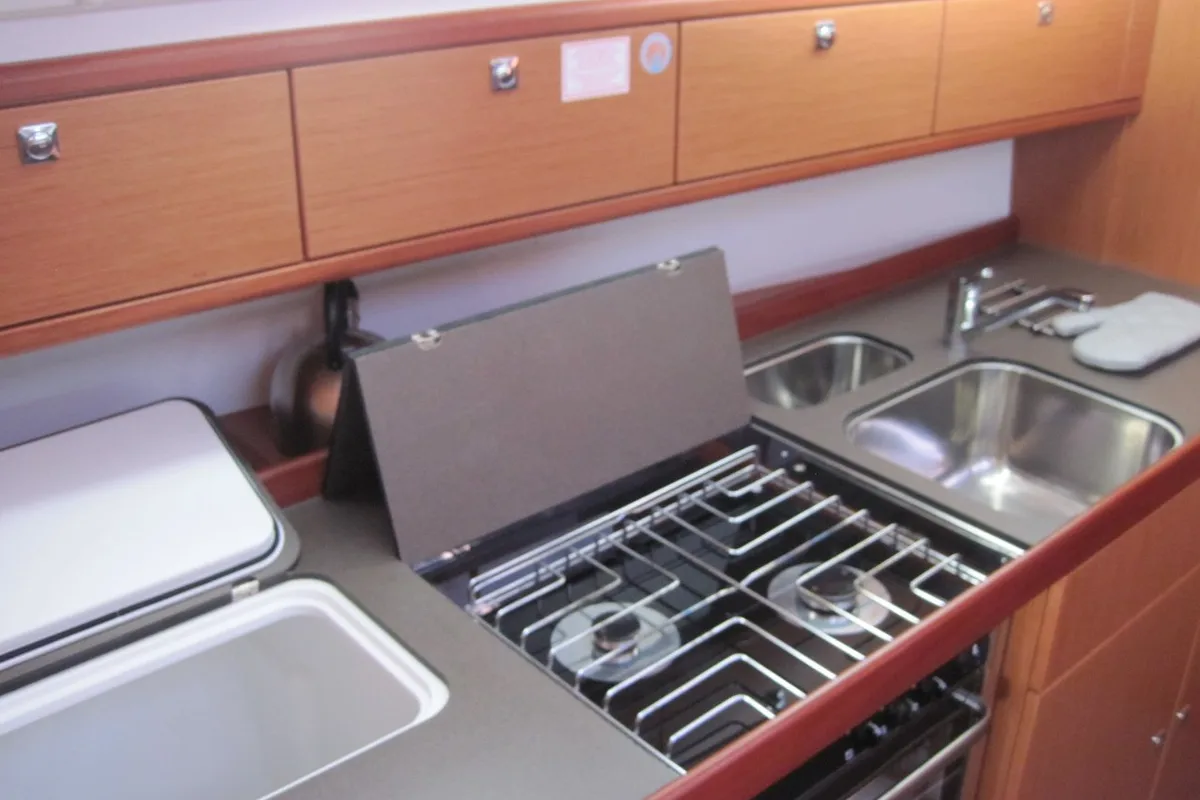 Galley of Vittoria, a Bavaria Cruiser 41 sailboat at Capo d'Orlando, Italy