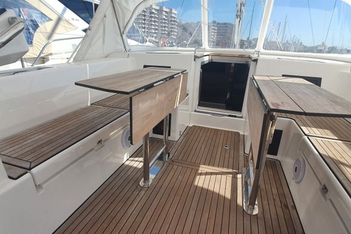 Deck of Whisper, a Bavaria C45 sailboat at Cala Egos, Spain
