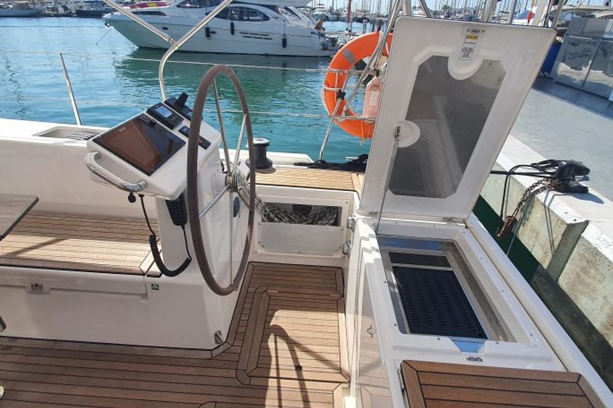 Cockpit of Whisper, a Bavaria C45 sailboat at Cala Egos, Spain