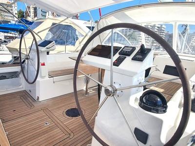 Cockpit of Whisper, a Bavaria C45 sailboat at Cala Egos, Spain