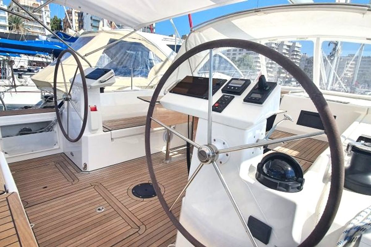 Cockpit of Whisper, a Bavaria C45 sailboat at Cala Egos, Spain