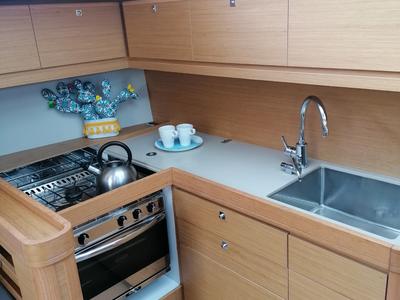 Galley of Serendipity, a Dufour 460 Grand Large sailboat at Capo d'Orlando, Italy