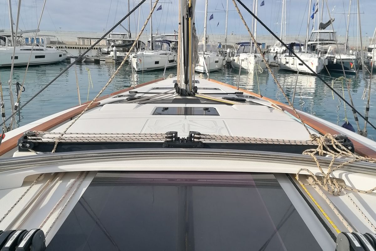 Deck of Serendipity, a Dufour 460 Grand Large sailboat at Capo d'Orlando, Italy