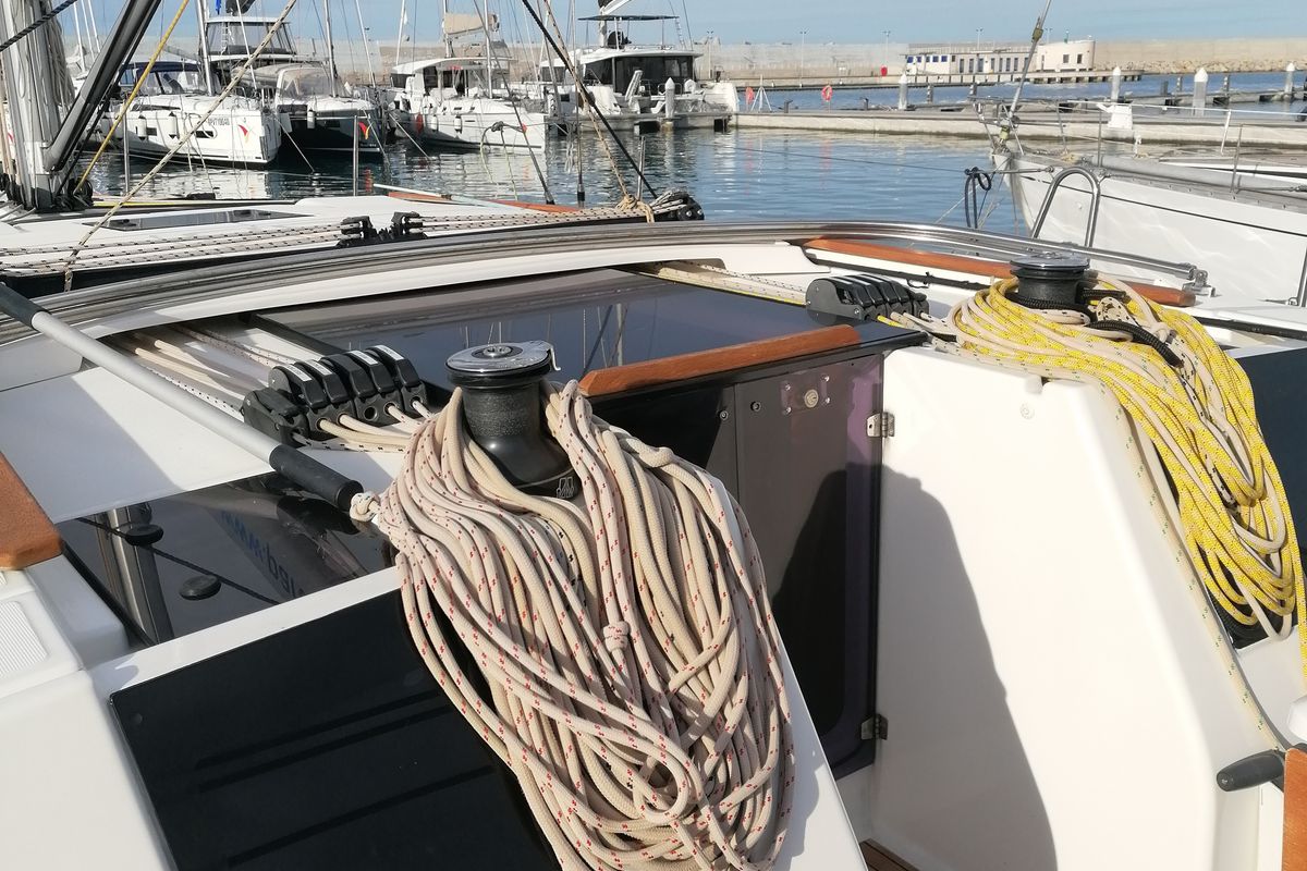 Deck of Serendipity, a Dufour 460 Grand Large sailboat at Capo d'Orlando, Italy