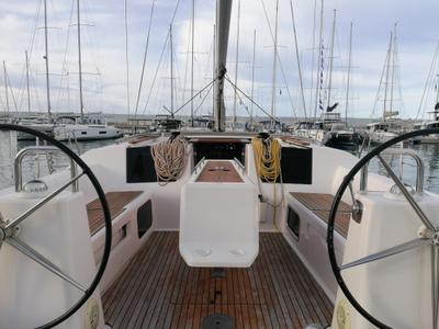 Cockpit of Serendipity, a Dufour 460 Grand Large sailboat at Capo d'Orlando, Italy