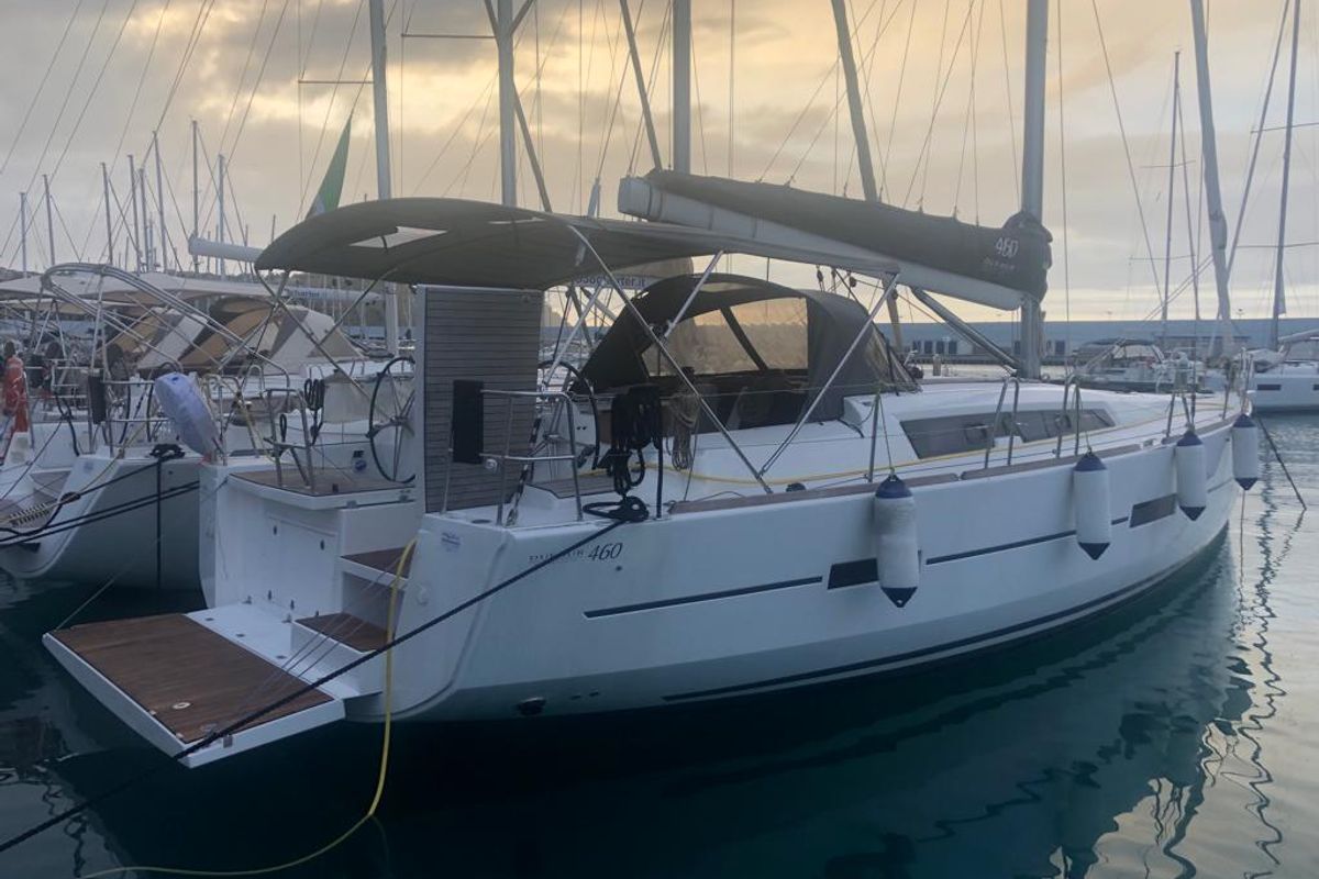 Exterior view of Serendipity, a Dufour 460 Grand Large sailboat at Capo d'Orlando, Italy