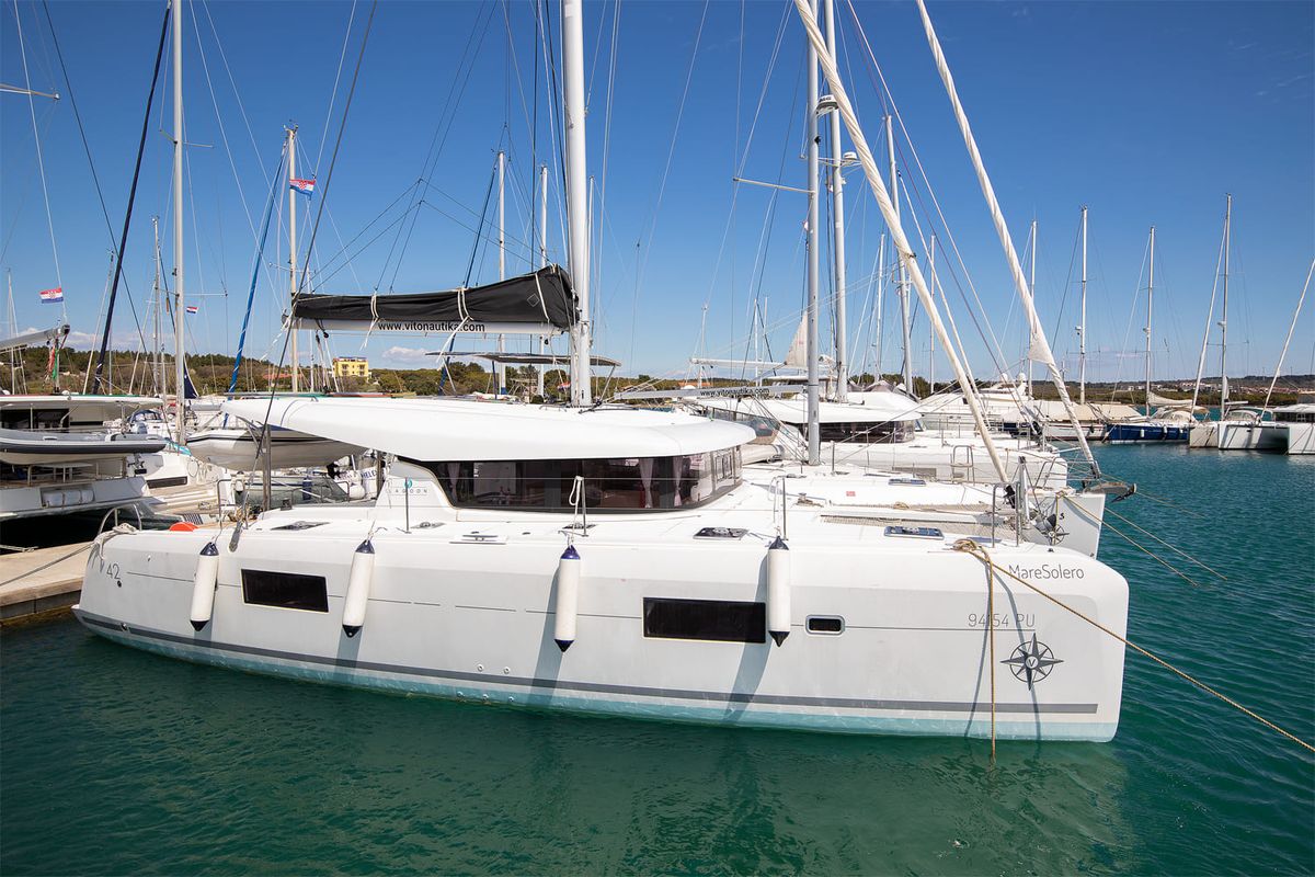 Exterior view of Mare Solero, a Lagoon 42 catamaran at Općina Medulin, Croatia