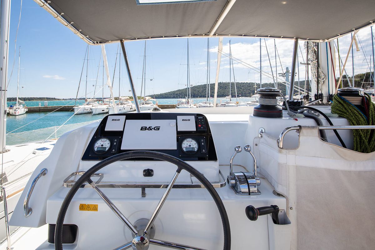 Cockpit of Mare Solero, a Lagoon 42 catamaran at Općina Medulin, Croatia