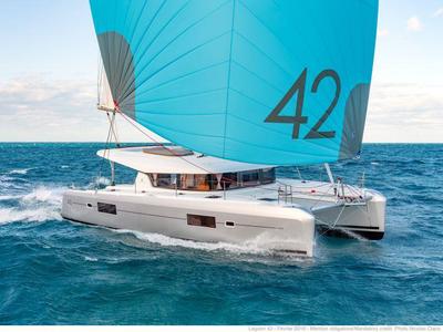 Exterior view of Athina, a Lagoon 42 catamaran at Gouvia, Greece