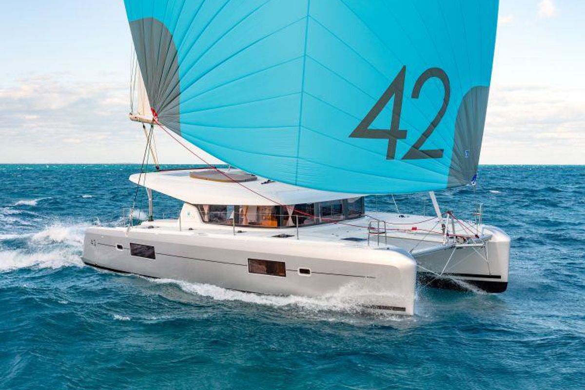 Exterior view of Athina, a Lagoon 42 catamaran at Gouvia, Greece