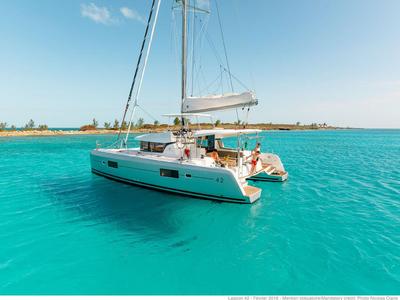 Exterior view of Athina, a Lagoon 42 catamaran at Gouvia, Greece