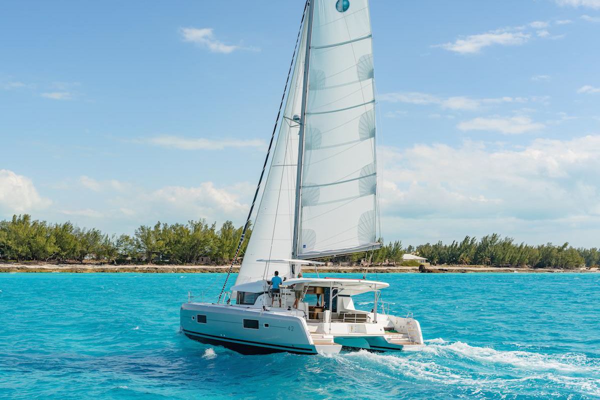 Exterior view of Athina, a Lagoon 42 catamaran at Gouvia, Greece