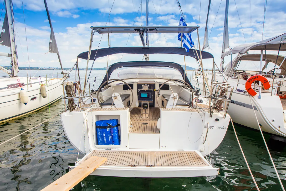 Cockpit of Happy Impuls, a Hanse Yachts Hanse 385 sailboat at Preveza, Greece
