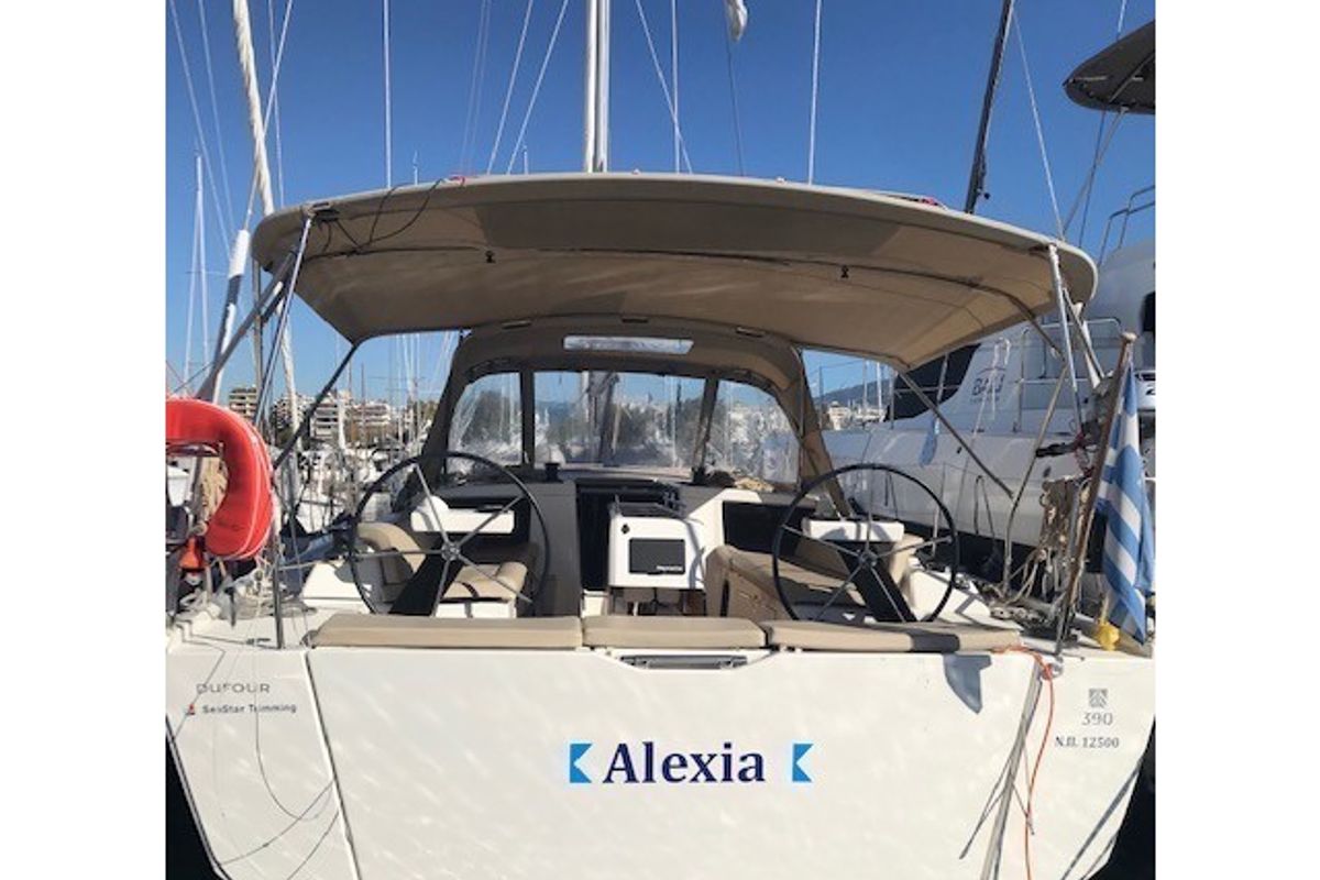Cockpit of Alexia, a Dufour 390 Grand Large sailboat at Athens, Greece