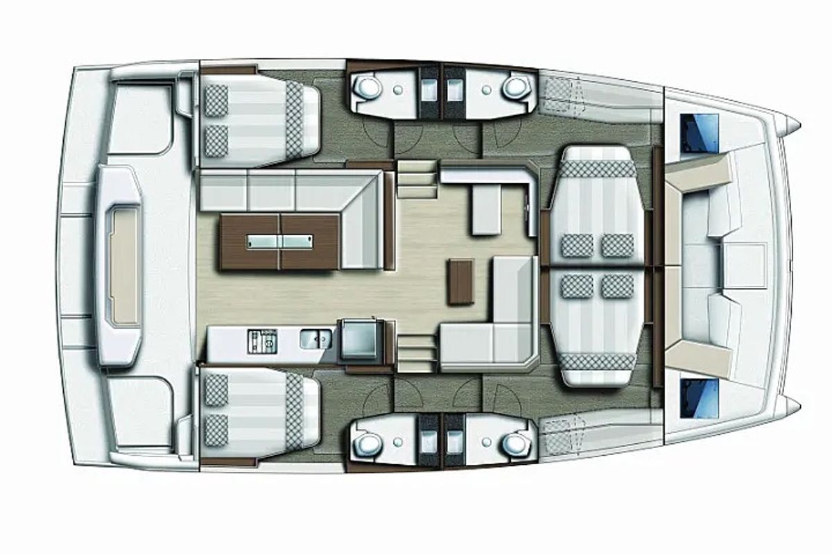 Floor plan of Freedom, a Bali Catspace catamaran at Olbia, Italy
