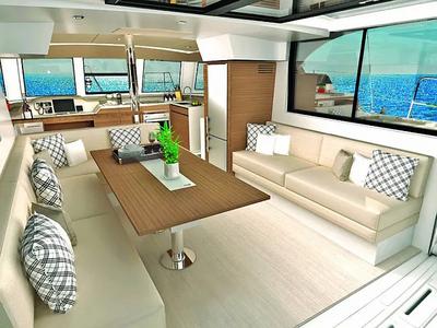 Salon of Freedom, a Bali Catspace catamaran at Olbia, Italy