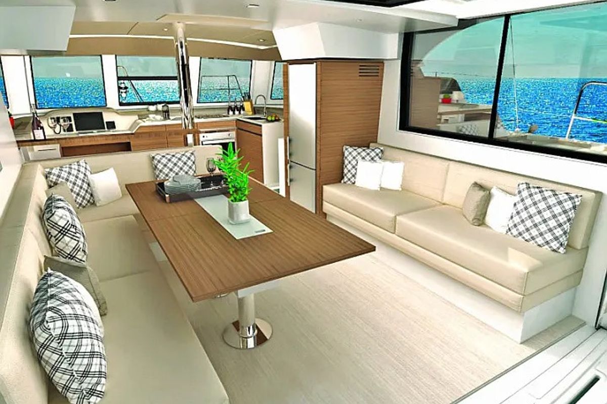 Salon of Freedom, a Bali Catspace catamaran at Olbia, Italy