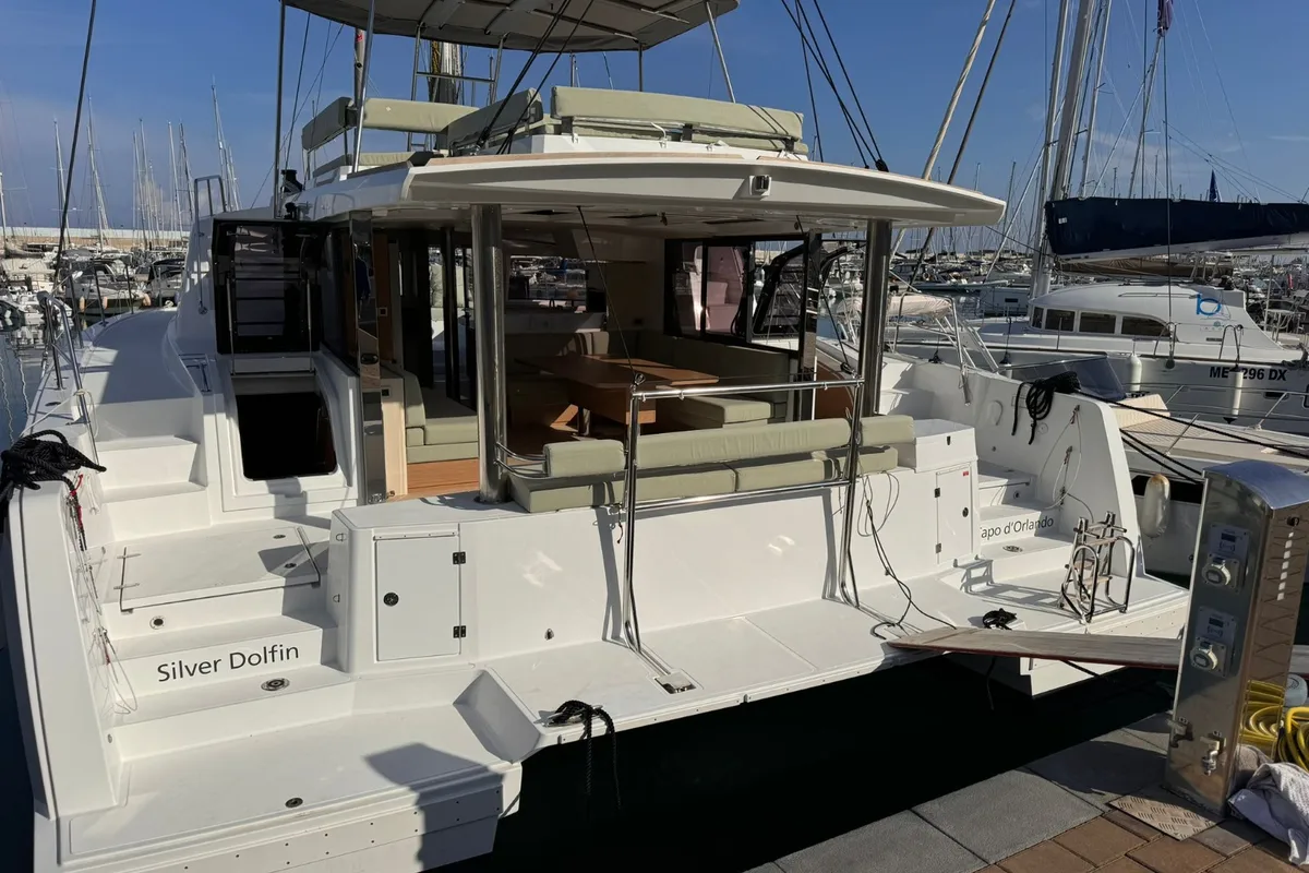 Exterior view of Silver Dolphin Sicilia, a Bali 4.8 catamaran at Capo d'Orlando, Italy