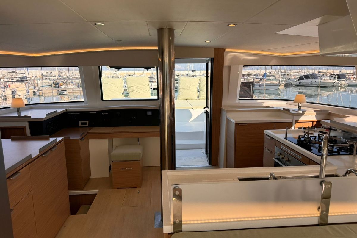 Salon of Silver Dolphin Sicilia, a Bali 4.8 catamaran at Capo d'Orlando, Italy