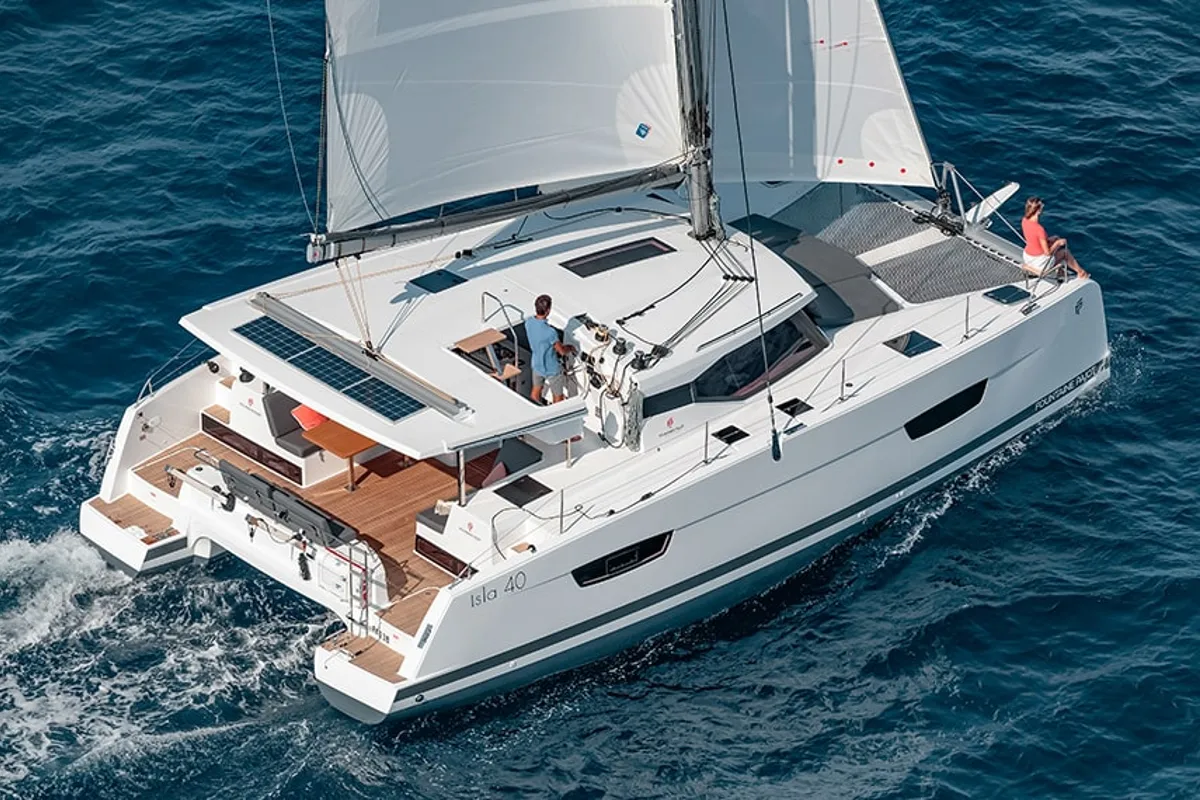 Exterior view of Ares X, a Fountaine Pajot Isla 40 catamaran at Marmaris, Turkey