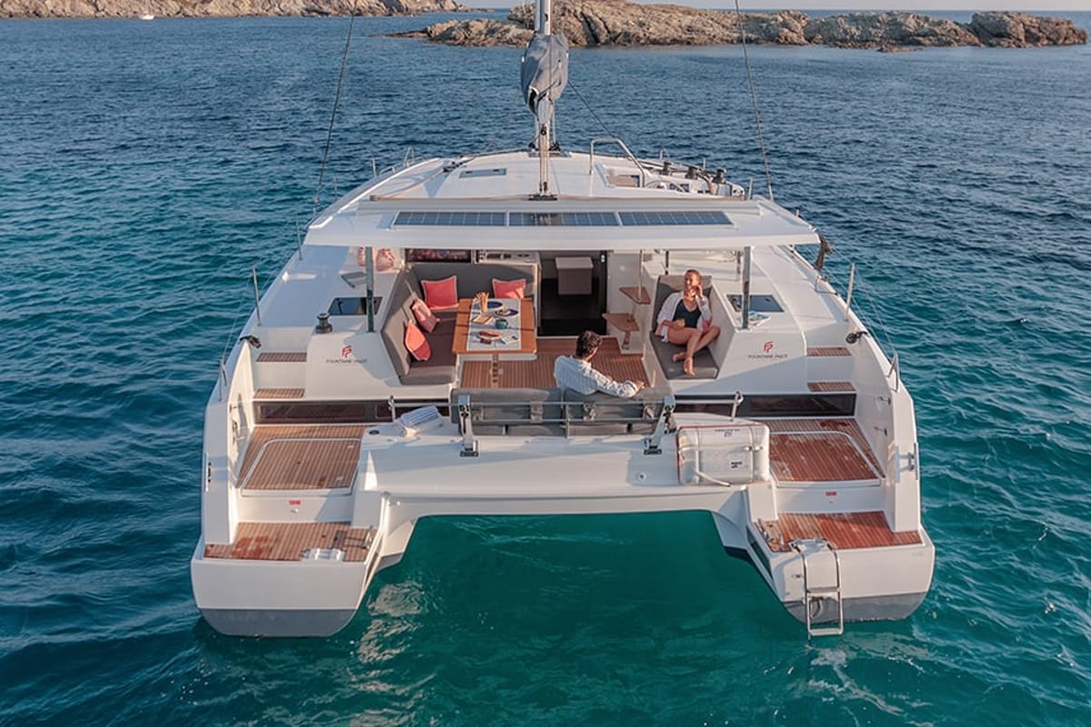 Exterior view of Ares X, a Fountaine Pajot Isla 40 catamaran at Marmaris, Turkey