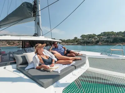Deck of Ares X, a Fountaine Pajot Isla 40 catamaran at Marmaris, Turkey