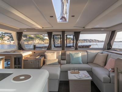 Salon of Ares X, a Fountaine Pajot Isla 40 catamaran at Marmaris, Turkey