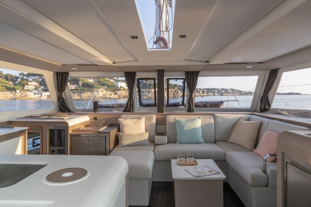 Salon of Ares X, a Fountaine Pajot Isla 40 catamaran at Marmaris, Turkey
