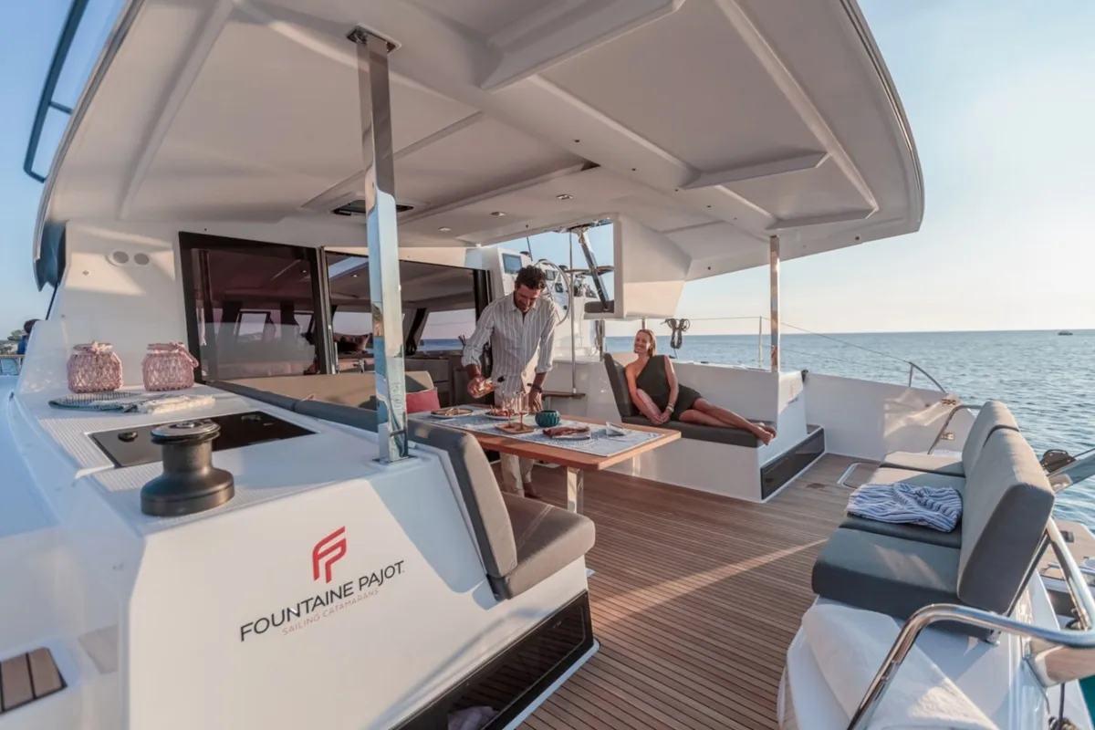 Deck of Ares X, a Fountaine Pajot Isla 40 catamaran at Marmaris, Turkey