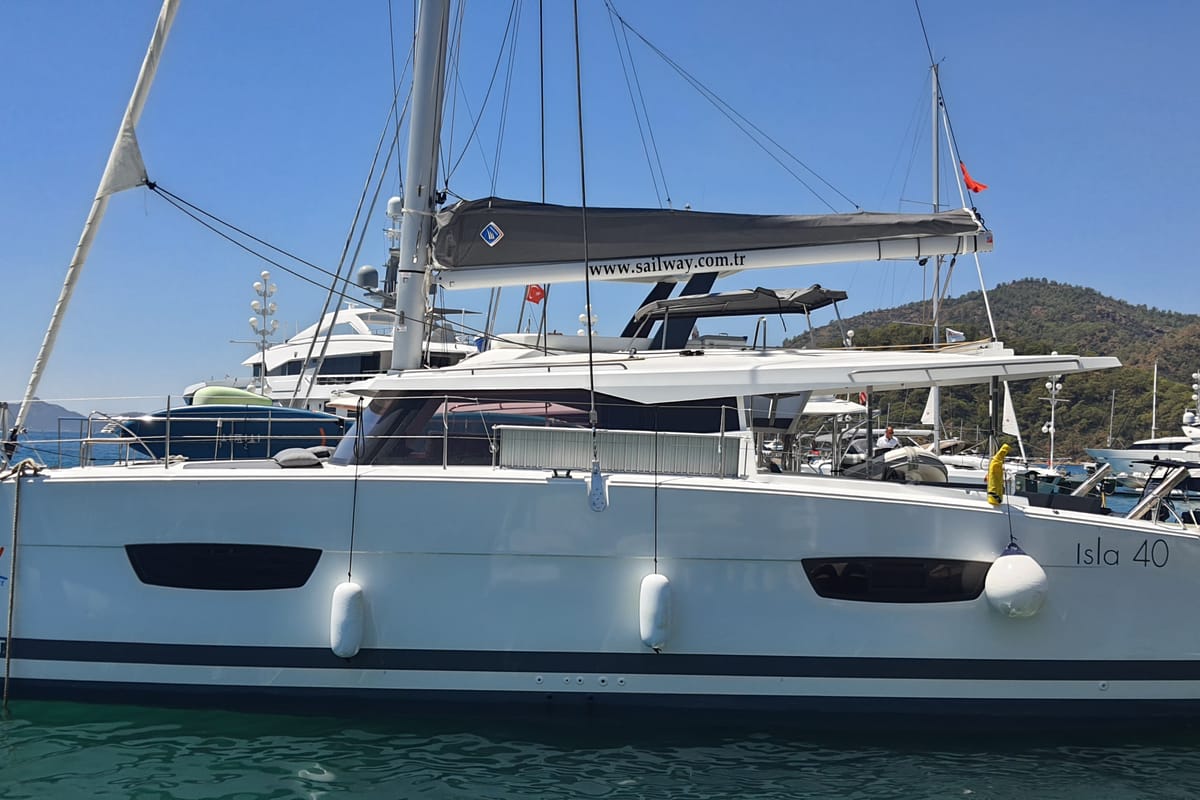 Exterior view of Ares X, a Fountaine Pajot Isla 40 catamaran at Marmaris, Turkey