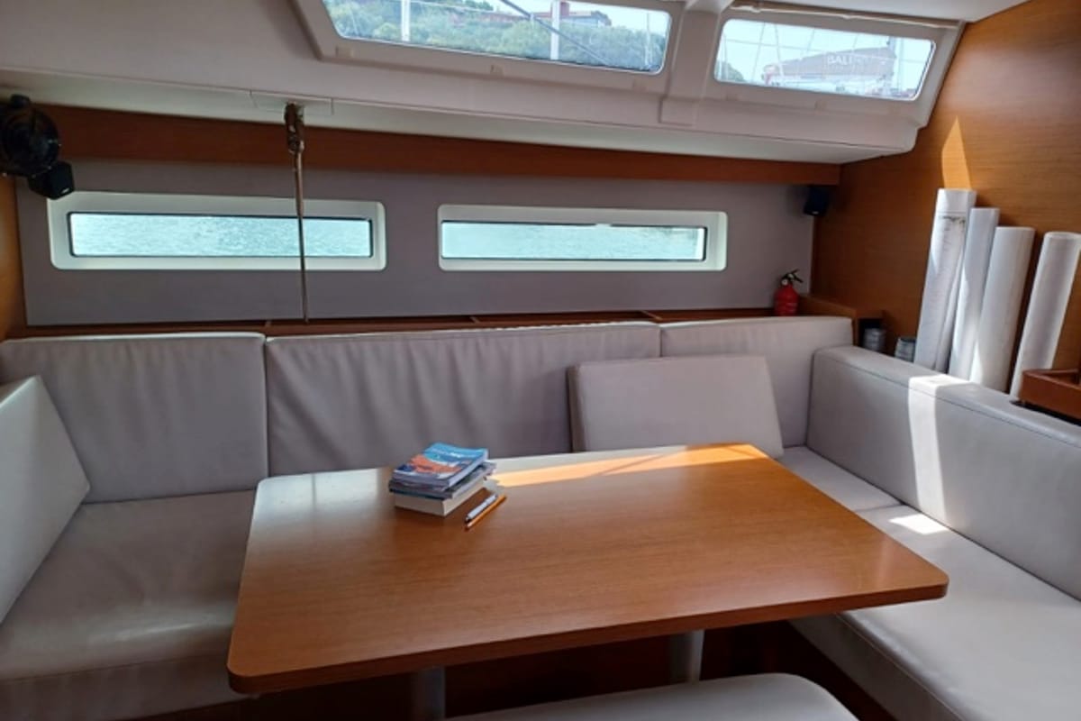 Salon of Cloe I, a Jeanneau Sun Odyssey 490 sailboat at Olbia, Italy