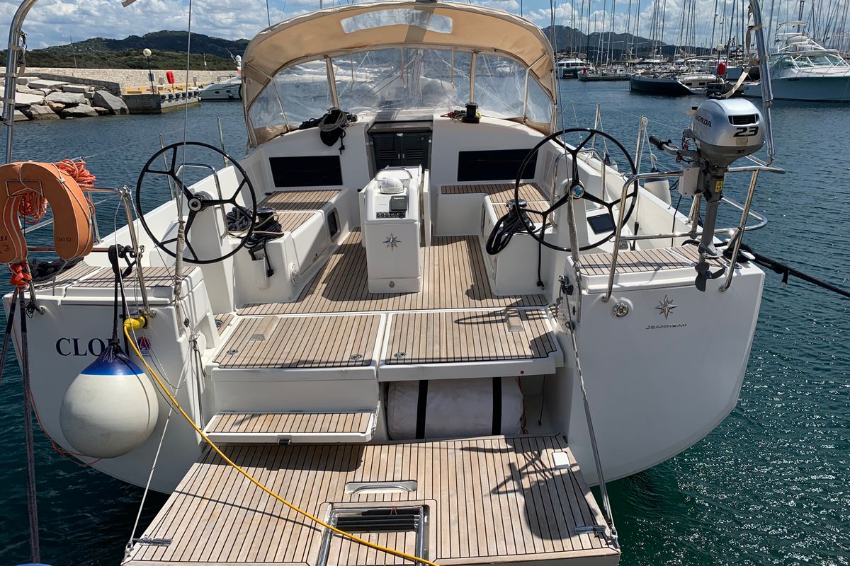 Deck of Cloe I, a Jeanneau Sun Odyssey 490 sailboat at Olbia, Italy