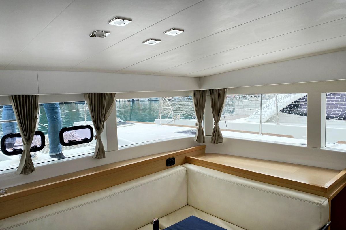 Salon of Joy One, a Lagoon 39 catamaran at Fethiye, Turkey