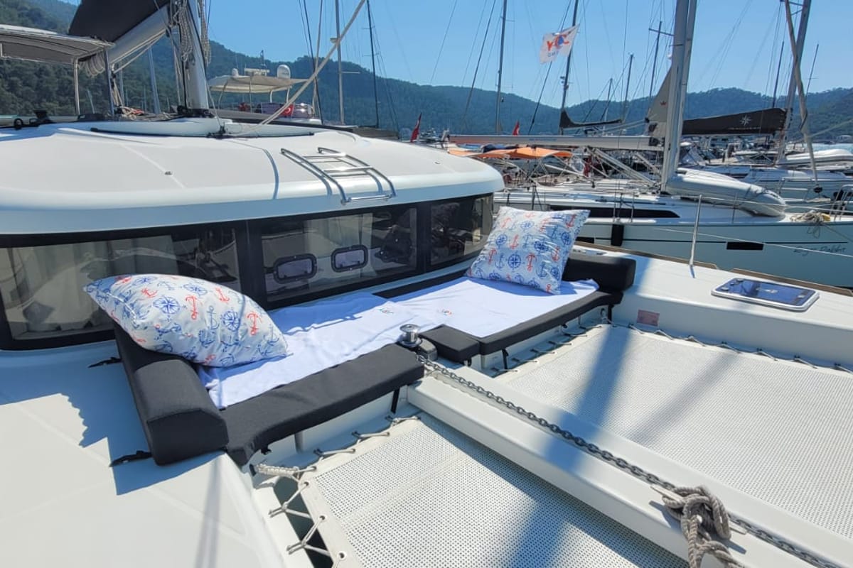 Deck of Joy One, a Lagoon 39 catamaran at Fethiye, Turkey