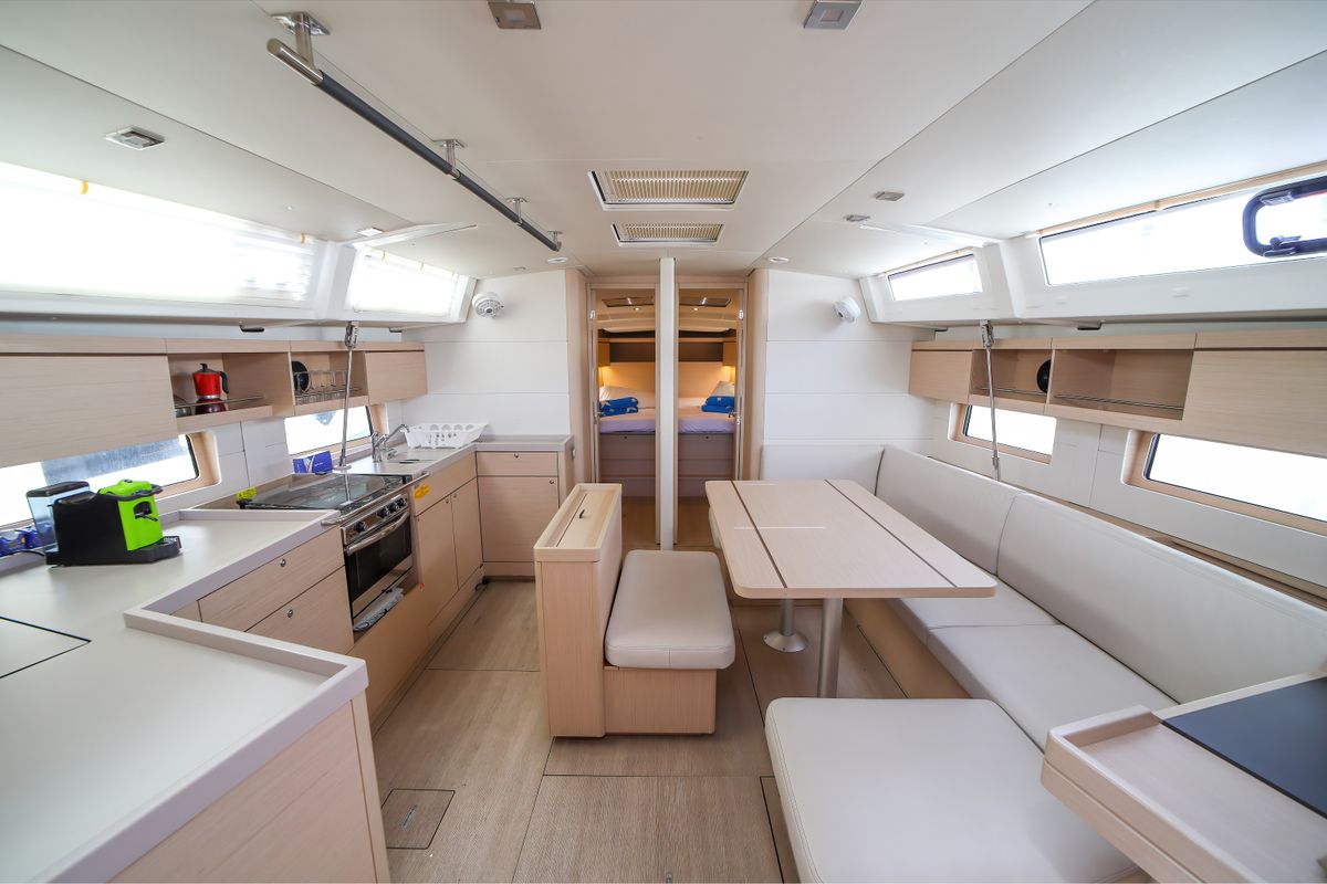 Salon of Eonia, a Beneteau Oceanis 46.1 sailboat at Olbia, Italy