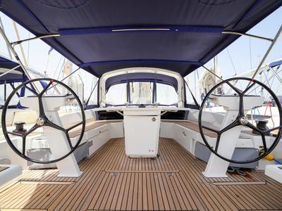 Cockpit of Eonia, a Beneteau Oceanis 46.1 sailboat at Olbia, Italy