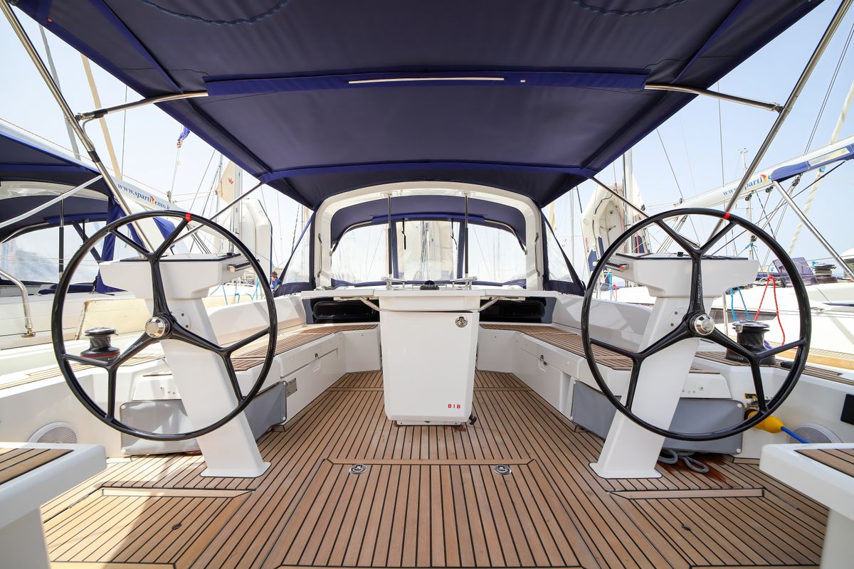 Cockpit of Eonia, a Beneteau Oceanis 46.1 sailboat at Olbia, Italy