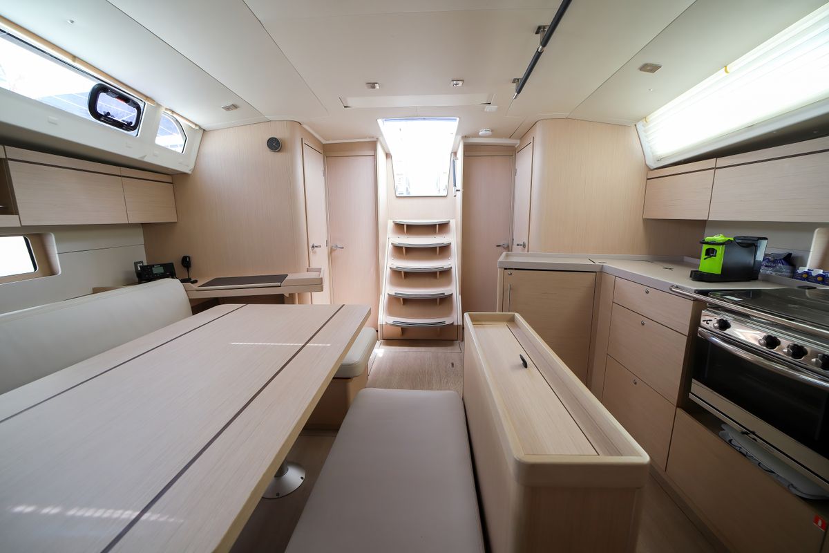 Salon of Eonia, a Beneteau Oceanis 46.1 sailboat at Olbia, Italy