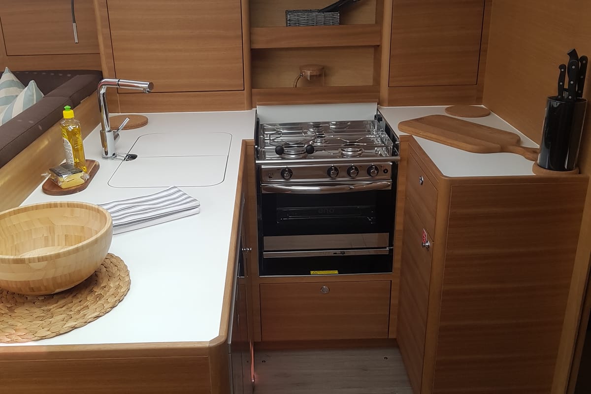 Galley of December, a Elan Impression 50.1 sailboat at Pirovac, Croatia