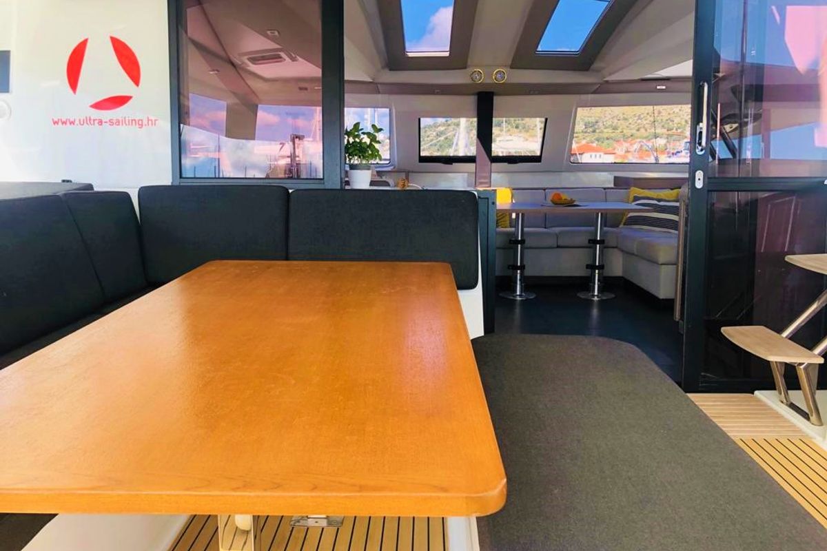 Deck of Princess Valeria, a Fountaine Pajot Elba 45 catamaran at Seget Donji, Croatia