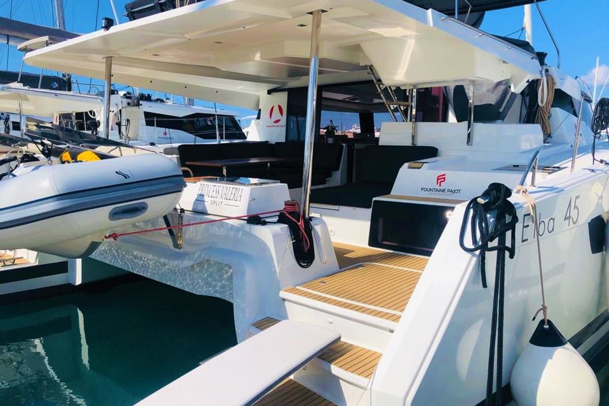 Exterior view of Princess Valeria, a Fountaine Pajot Elba 45 catamaran at Seget Donji, Croatia