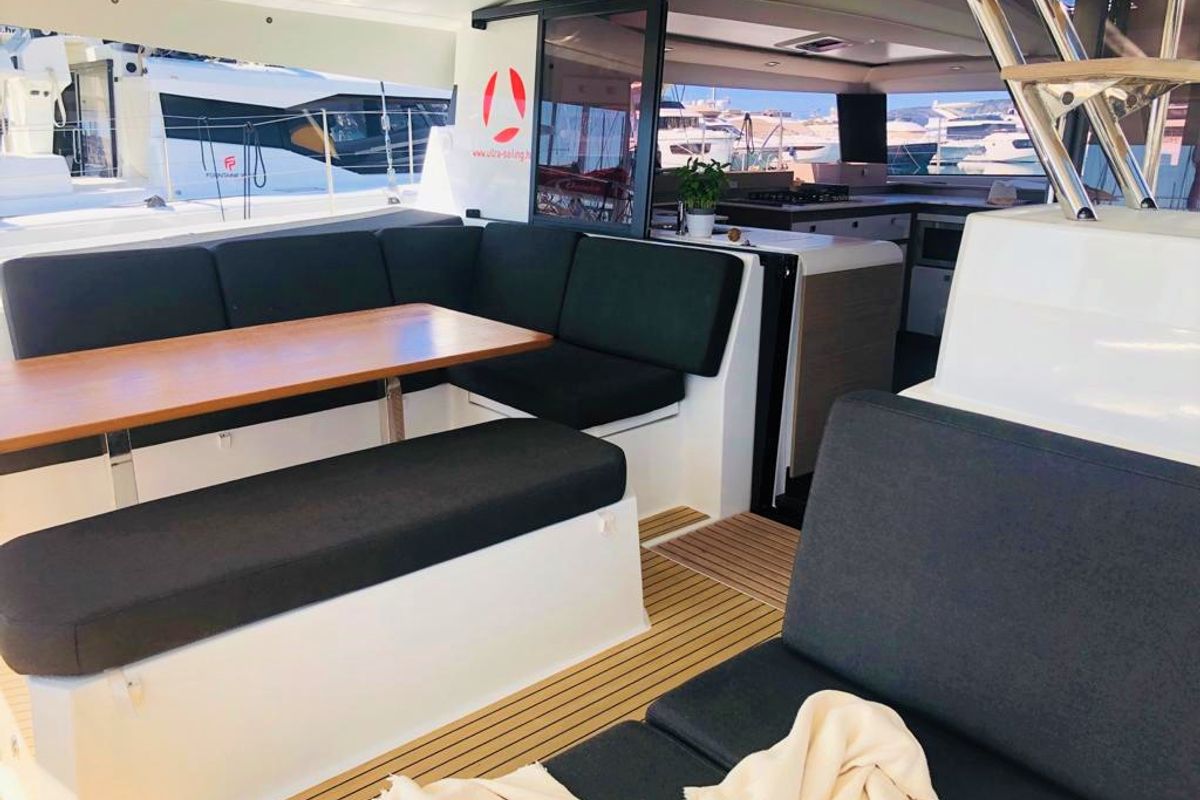 Deck of Princess Valeria, a Fountaine Pajot Elba 45 catamaran at Seget Donji, Croatia