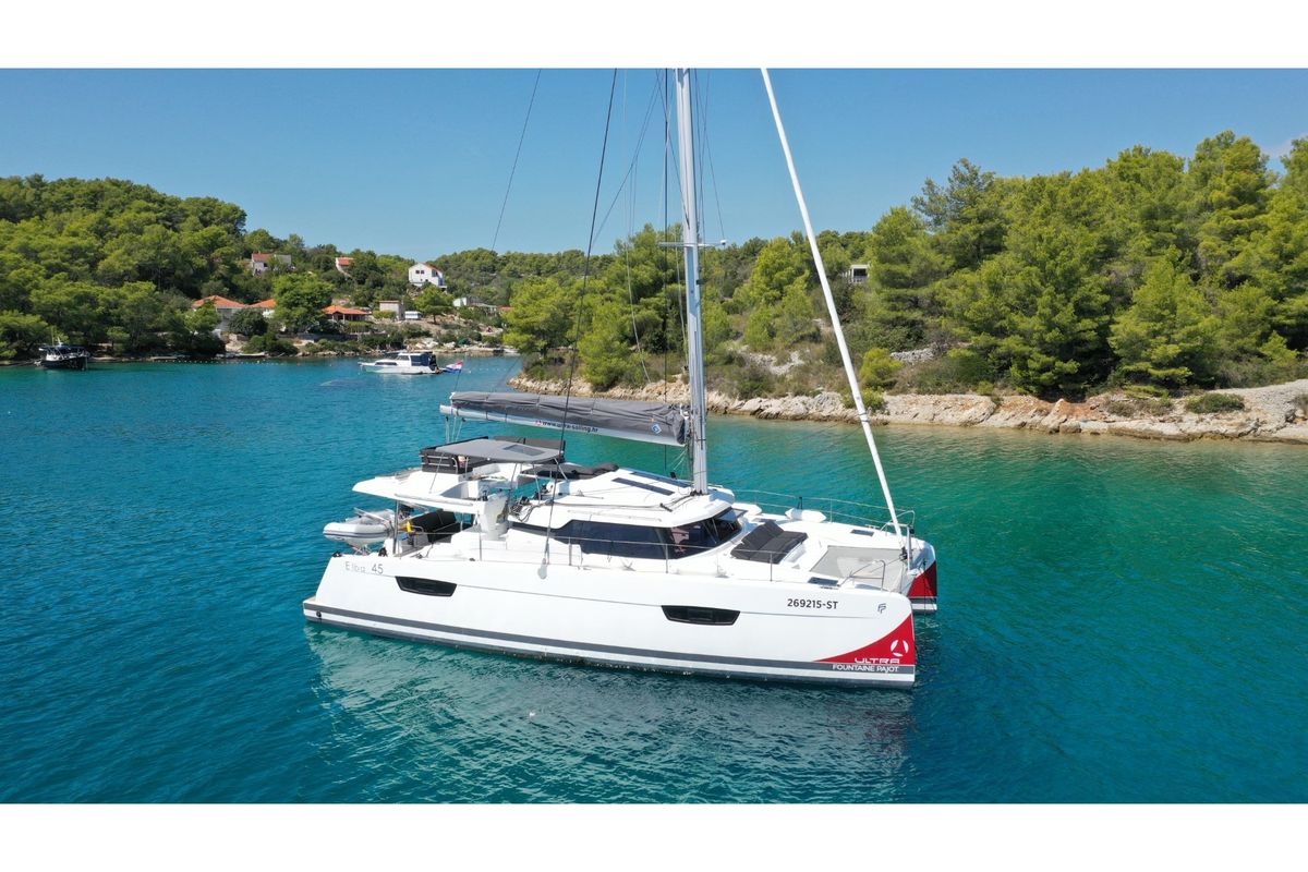 Exterior view of Princess Valeria, a Fountaine Pajot Elba 45 catamaran at Seget Donji, Croatia