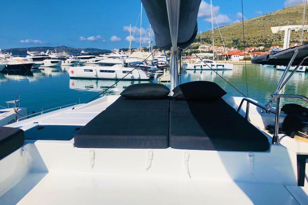 Deck of Princess Valeria, a Fountaine Pajot Elba 45 catamaran at Seget Donji, Croatia