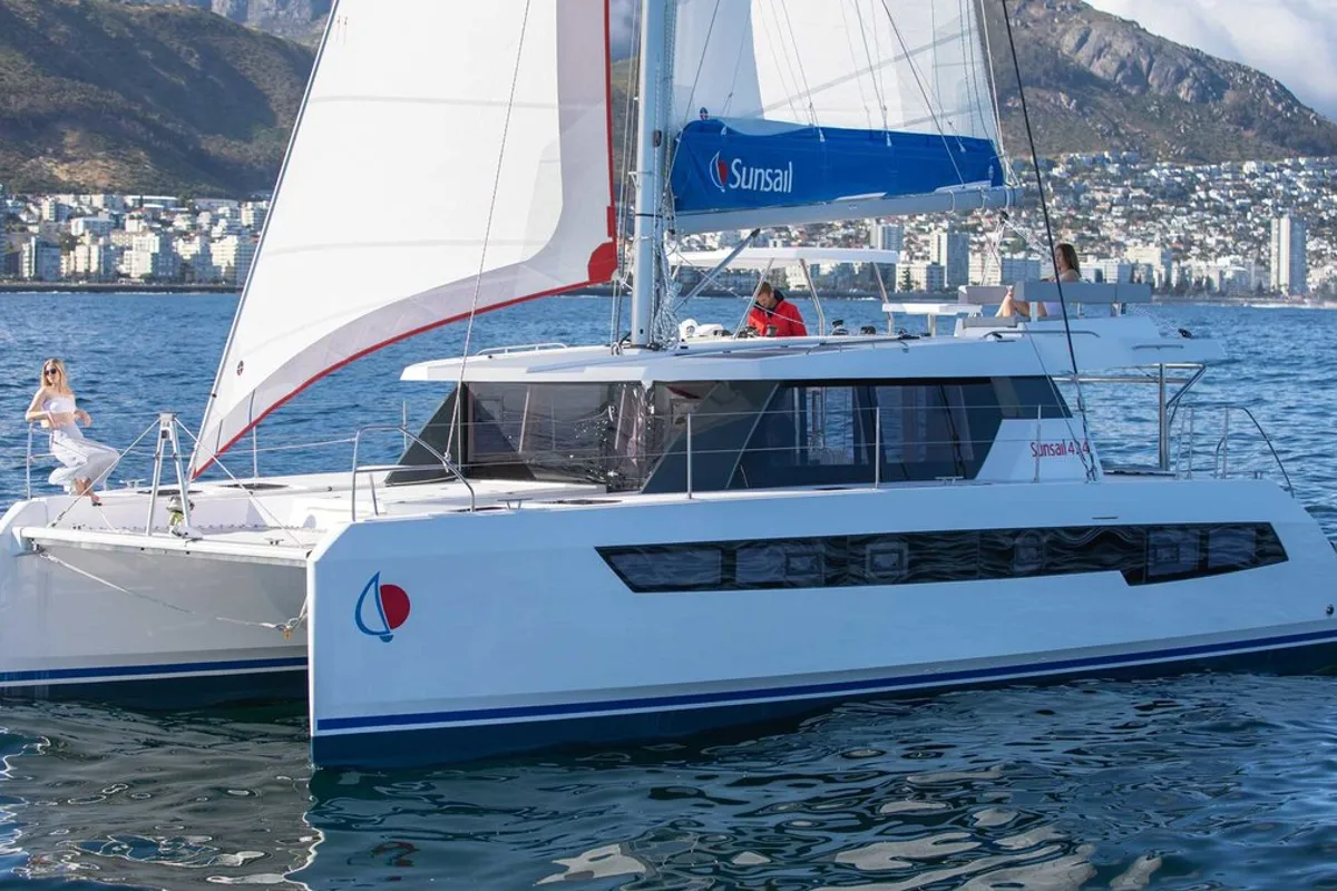 Exterior view of Sunsail 424/4/4 Classic, a Gulet Sunsail 424 catamaran at Grand Anse, Grenada
