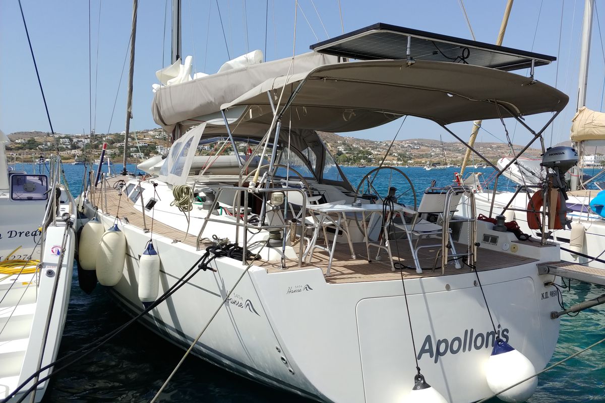 Exterior view of APOLLONIS, a Hanse Yachts Hanse 540e sailboat at Salamina Municipal Unit, Greece